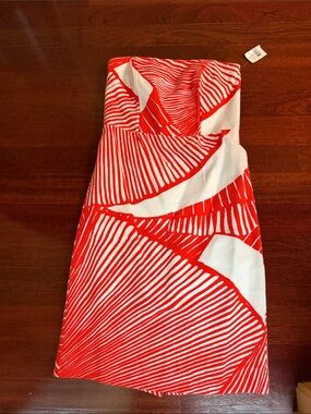 Milly of New York Strapless Red and White Graphic Pattern Dress